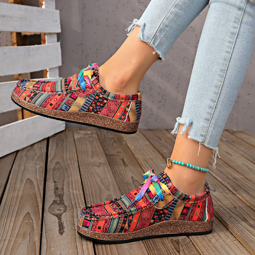 Women Patterned Comfort Moccasins with Wedge Sole and Colorful Band Mune Fashion
