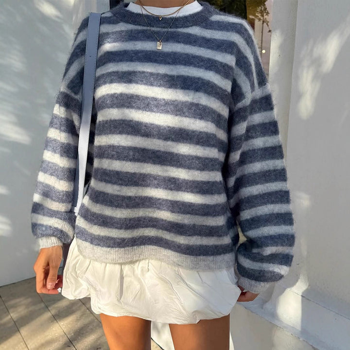 Women Striped Mohair-Mix Oversized Sweater with Balloon Sleeves Mune Fashion