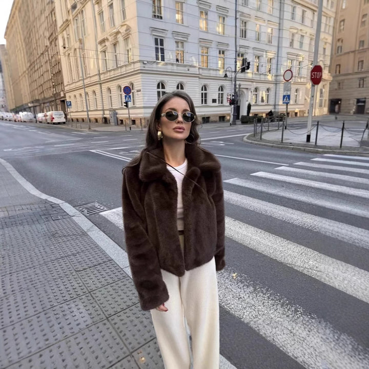 Women's Short Boxy Faux Fur Blouson with Classic Lapel Collar and Silky Lining Mune Fashion