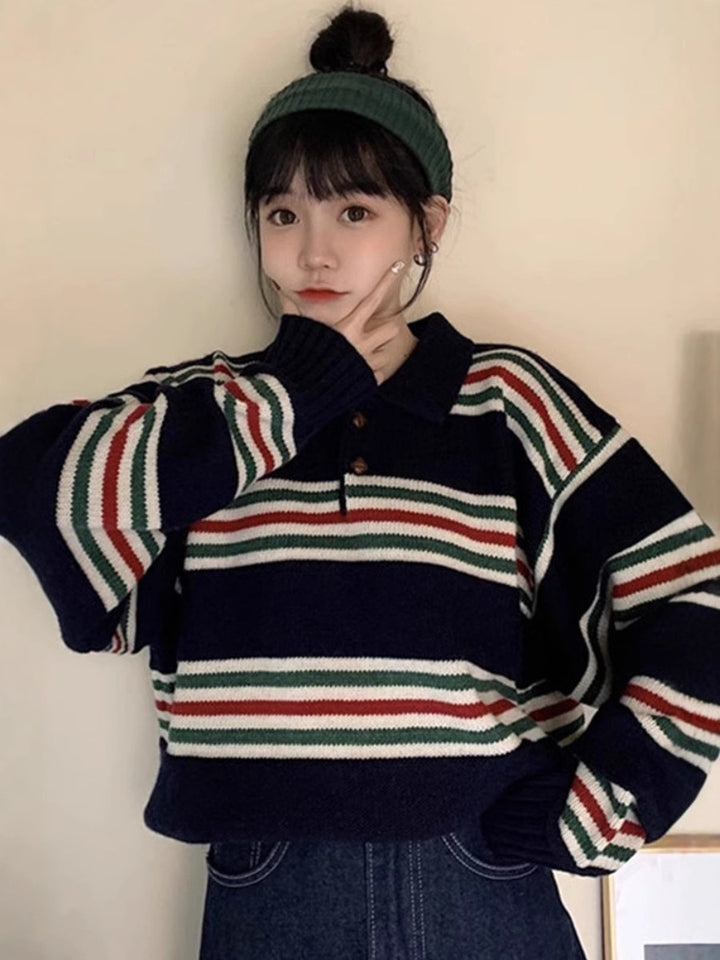 Women's Oversize Polo Collar Knit Sweater with Maritime Block Stripes and Boxy Cropped Silhouette Mune Fashion
