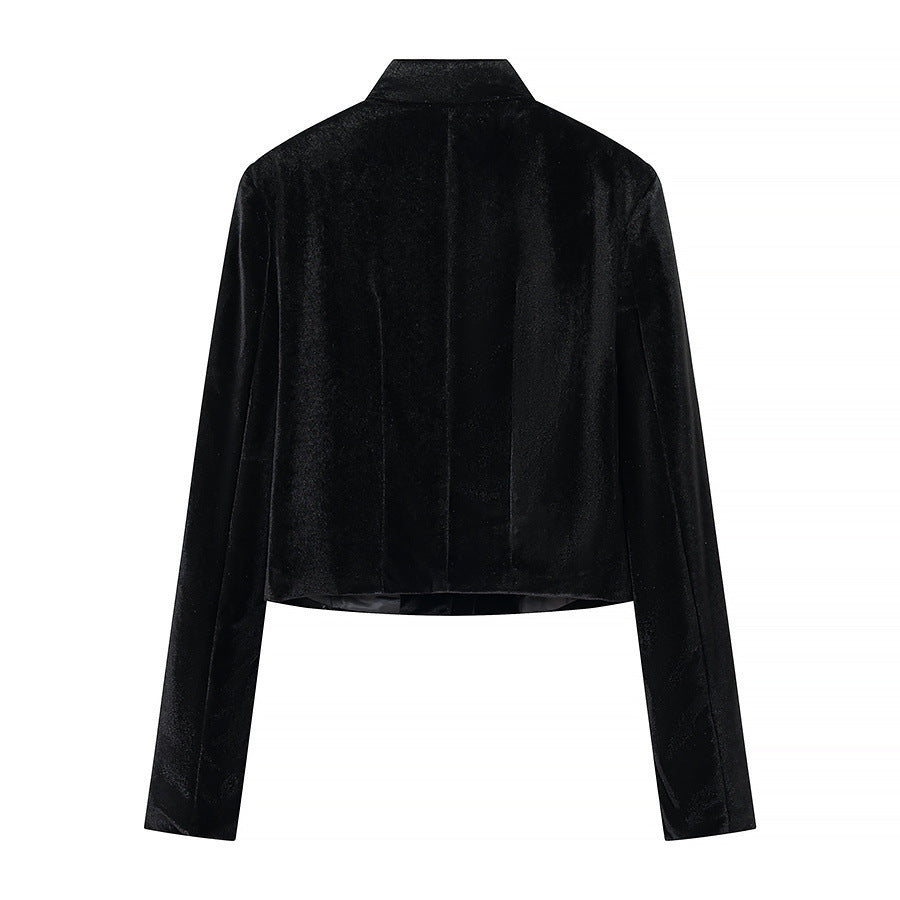 Women's Cropped Jacket in Mandarin Style with Stand Collar and Decorative Knot Closures Mune Fashion