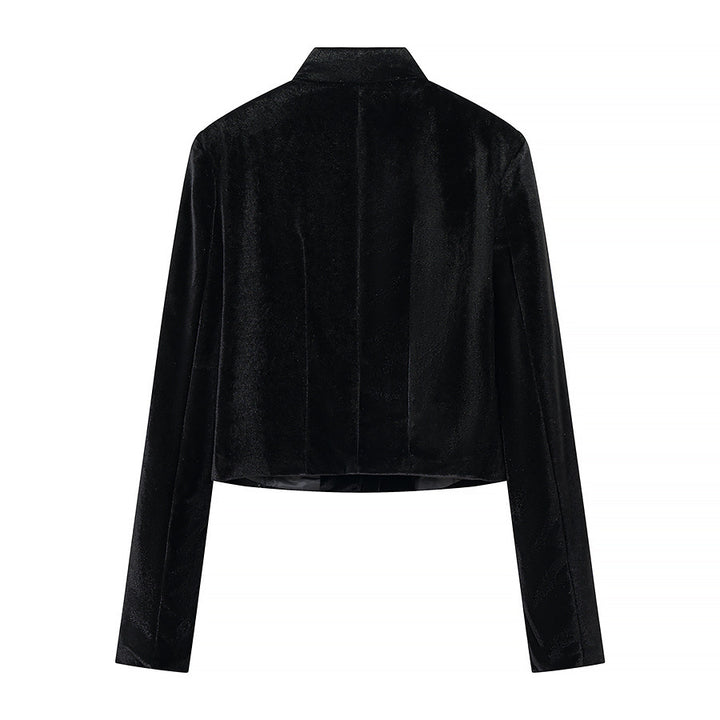 Women's Cropped Jacket in Mandarin Style with Stand Collar and Decorative Knot Closures Mune Fashion