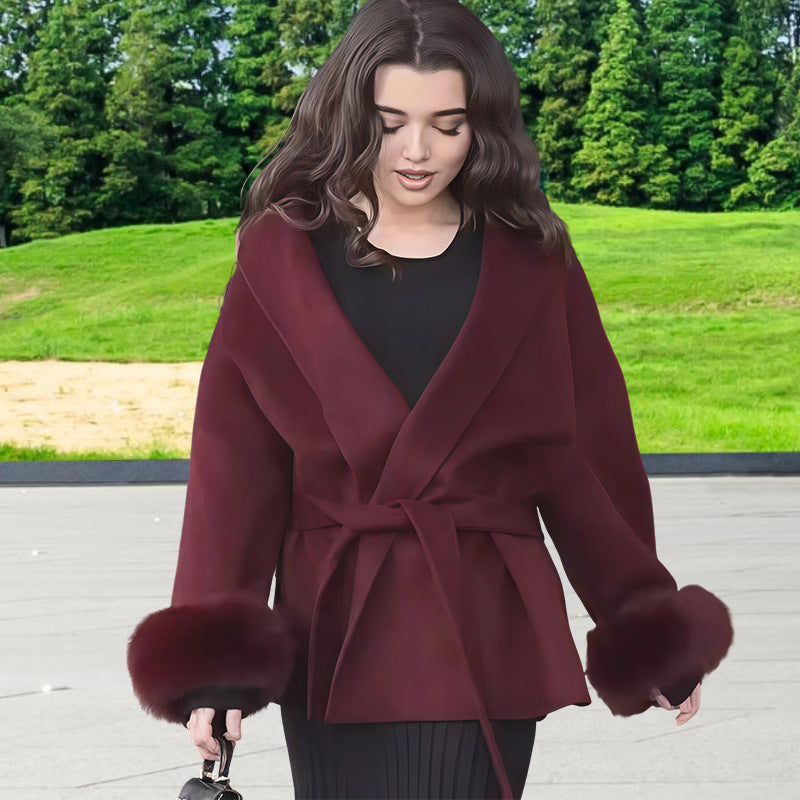 Women's fitted coat with belt tie, shawl collar and voluminous faux fur cuffs Mune Fashion