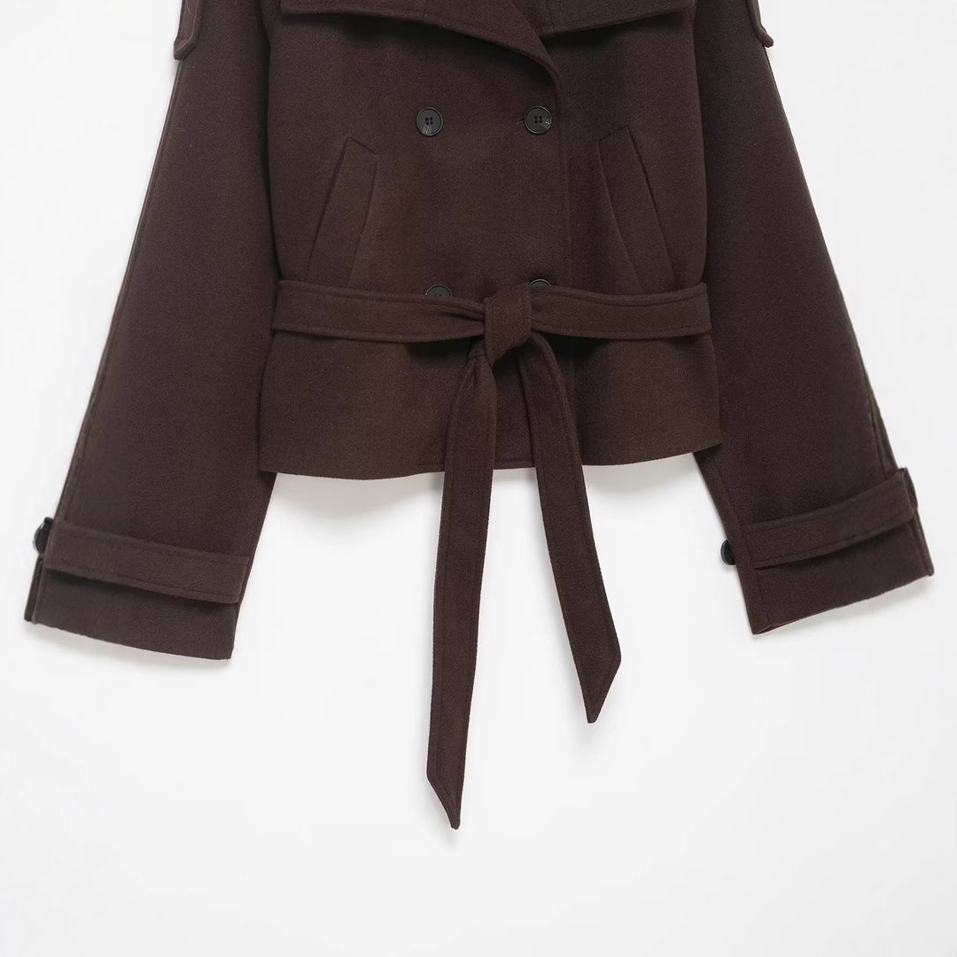 Women's Cropped Wool Blend Short Coat with High Stand-up Collar, Epaulettes, and Waist Belt Mune Fashion