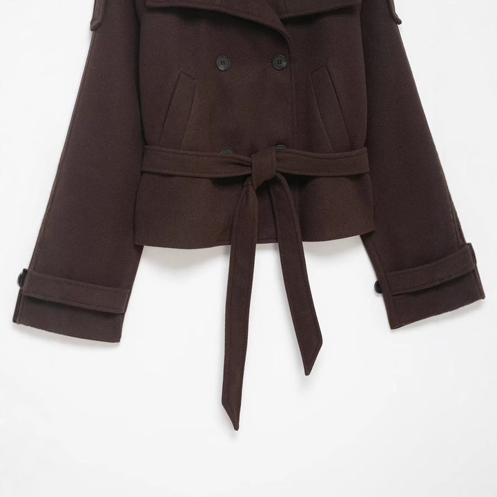 Women's Cropped Wool Blend Short Coat with High Stand-up Collar, Epaulettes, and Waist Belt Mune Fashion
