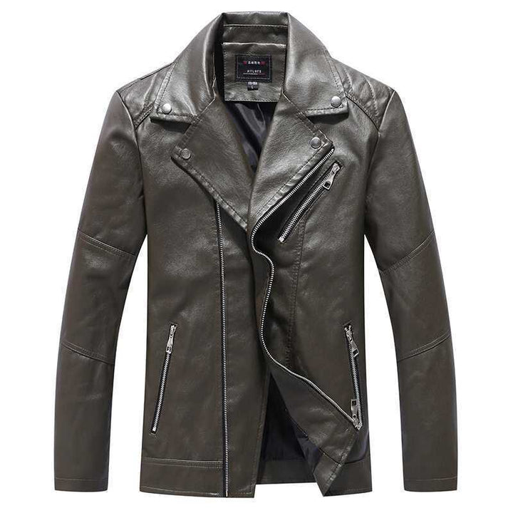 Men's Slim-Fit Faux Leather Motorcycle Jacket with Asymmetrical Zipper Front Mune Fashion