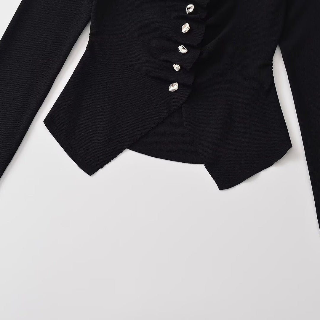 Women's Ruffled Long Sleeve Top with Square Neckline, Asymmetric Button Placket and Peplum Mune Fashion