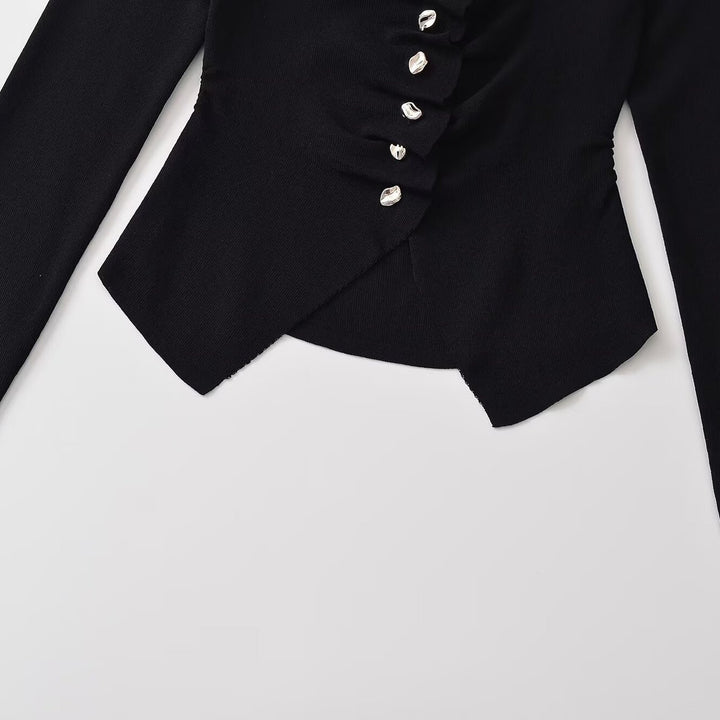 Women's Ruffled Long Sleeve Top with Square Neckline, Asymmetric Button Placket and Peplum Mune Fashion