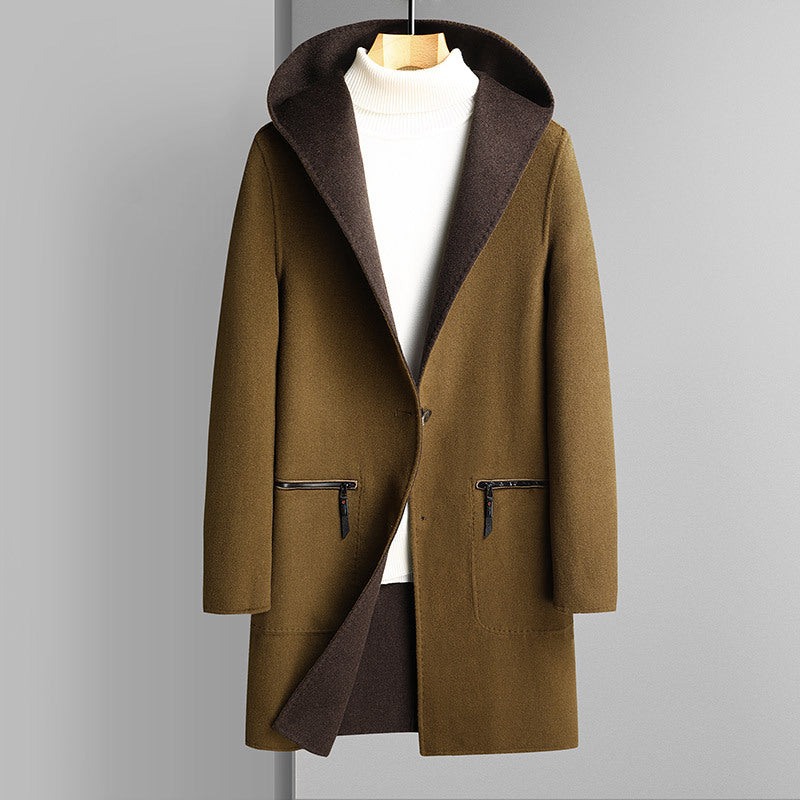 Men's knee-length wool blend coat with large hood and patch pockets Mune Fashion