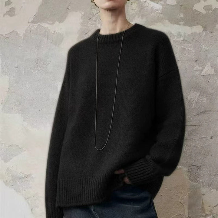 Women's Oversized Fine Knit Sweater with Round Neck, Dropped Shoulder and Ribbed Hem Mune Fashion