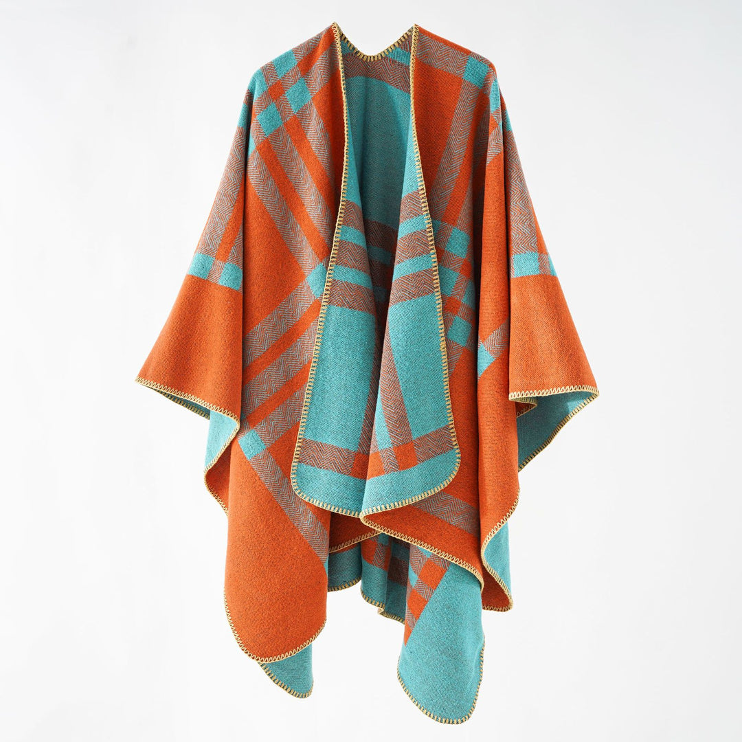 Women Reversible Wool Blend Poncho with Geometric Check Pattern and Decorative Stitching