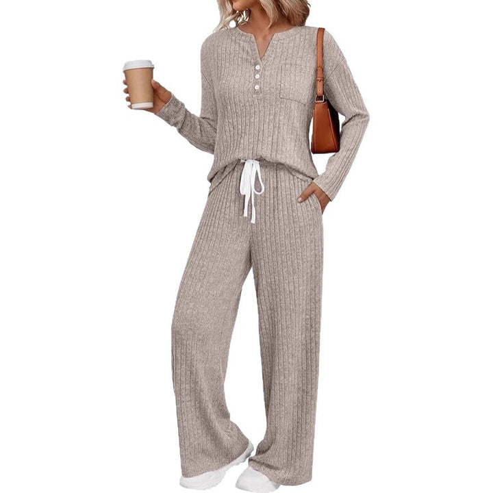 Women Ribbed Knit Lounge Set with Button Placket and Wide Drawstring Pants Mune Fashion