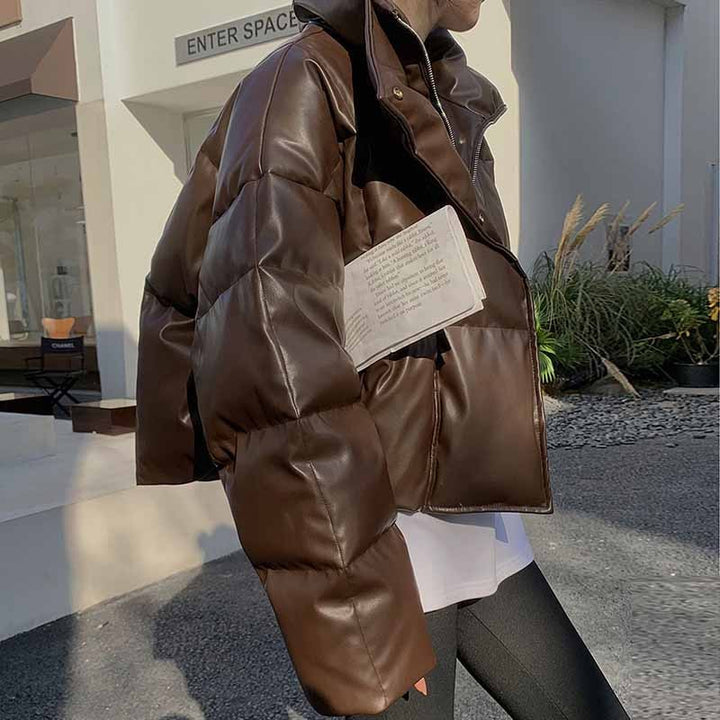 Women's Padded Short Faux Leather Quilted Jacket with Stand Collar Mune Fashion