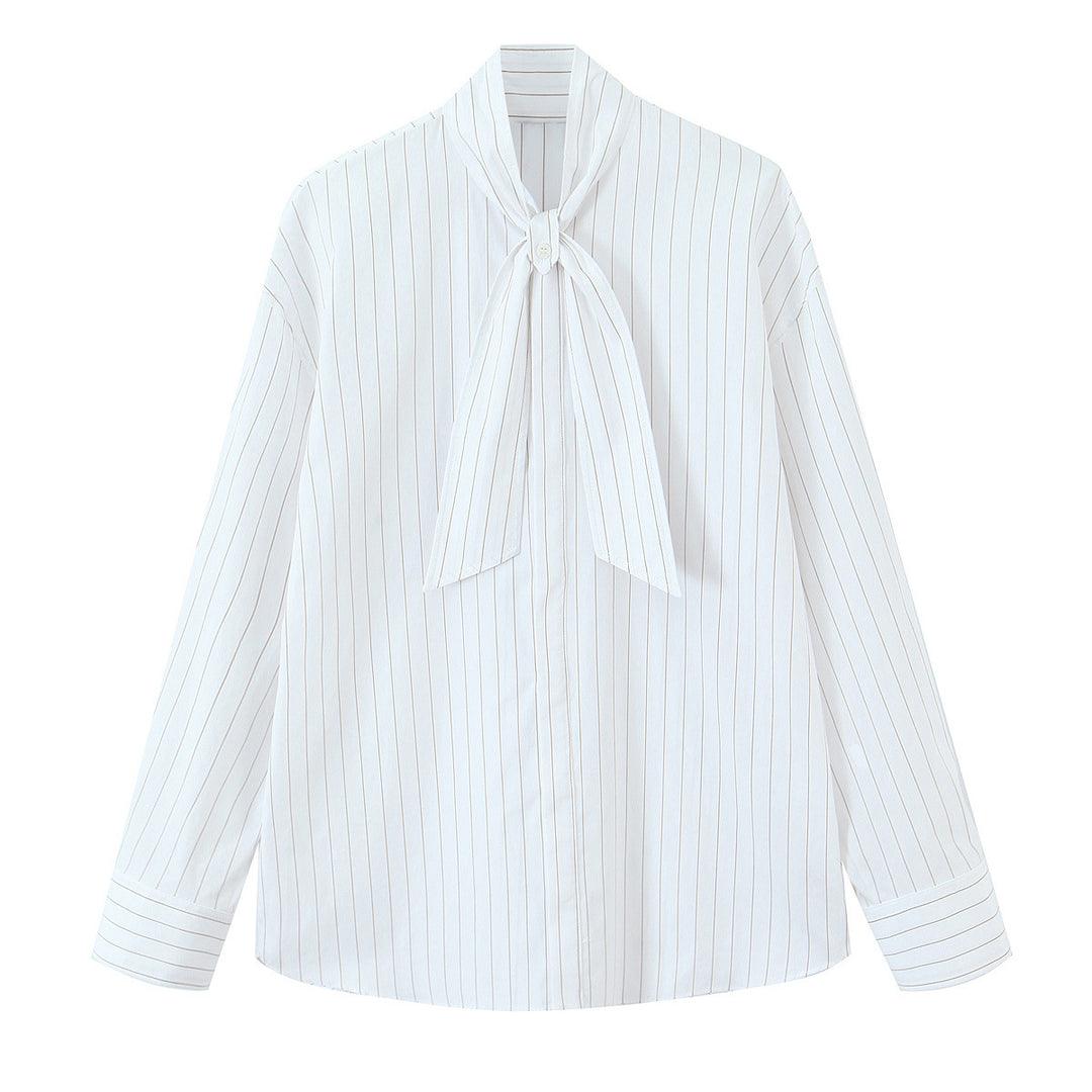 Women Bow Collar Blouse with Fine Pinstripe and Loose Silhouette Mune Fashion