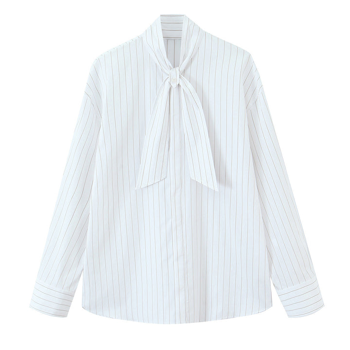 Women Bow Collar Blouse with Fine Pinstripe and Loose Silhouette Mune Fashion