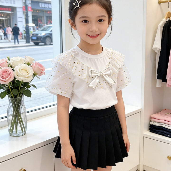 Girl T-shirt with ruffle details and transparent puff sleeves Mune Fashion