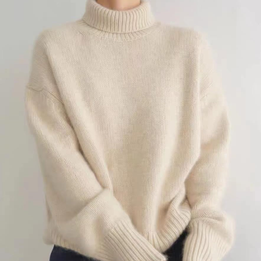 Women's Oversized Fine Knit Sweater with High Roll Neck and Side Slits Mune Fashion