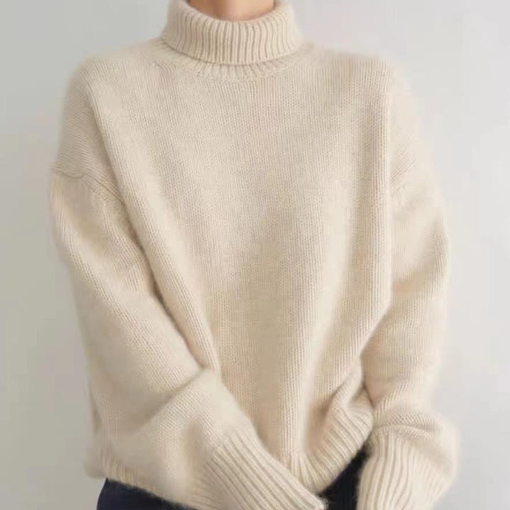 Women's Oversized Fine Knit Sweater with High Roll Neck and Side Slits Mune Fashion