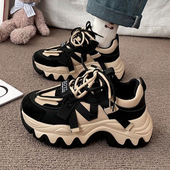 Women's Wave Platform Sneakers with Multi-Layer Upper Material and Decorative Straps Mune Fashion