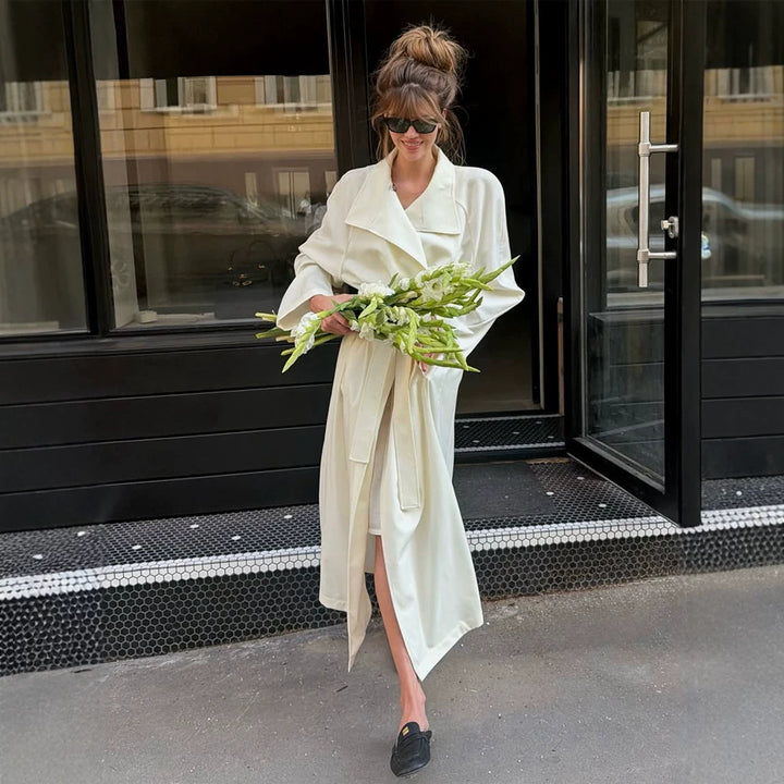 Women’s Maxi Long Wrap Coat made from flowing material with wide shawl collar Mune Fashion