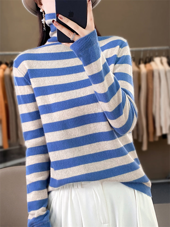 Women's Casual Striped Turtleneck Sweater made of Wool Blend with Relaxed Fit Mune Fashion