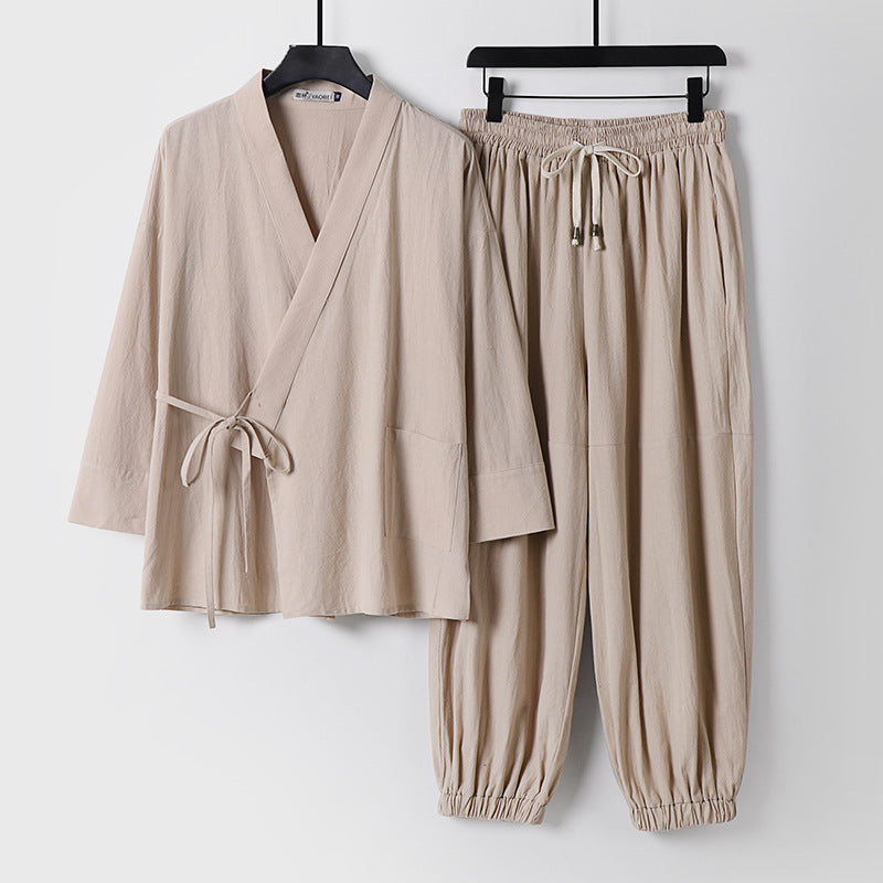 Unisex Relaxed Kimono Set with Wrap Jacket, Three-Quarter Sleeves and Elastic Cord Drawstring Pants Mune Fashion