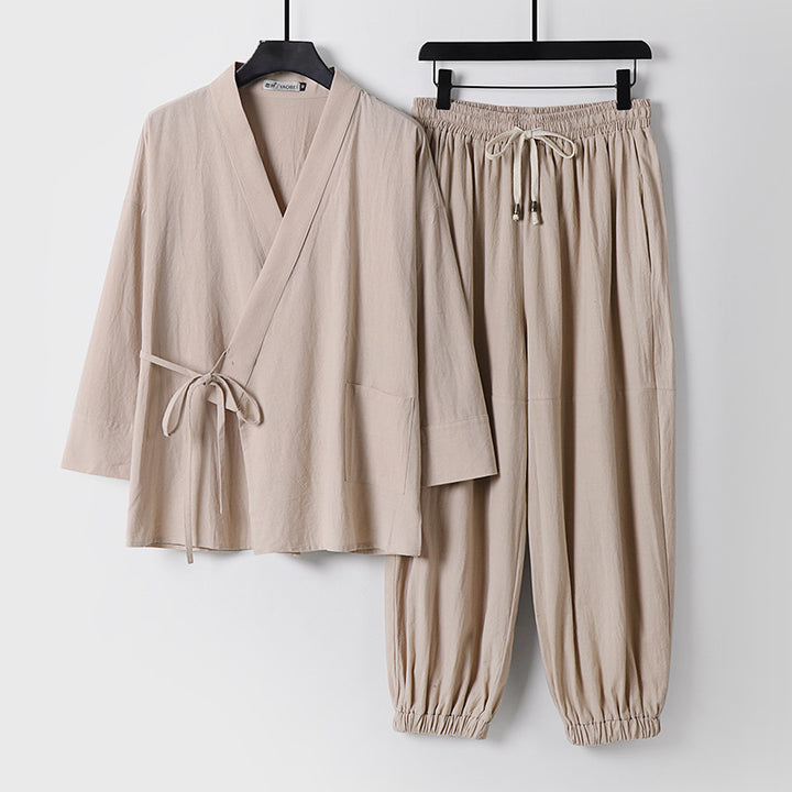 Unisex Relaxed Kimono Set with Wrap Jacket, Three-Quarter Sleeves and Elastic Cord Drawstring Pants Mune Fashion