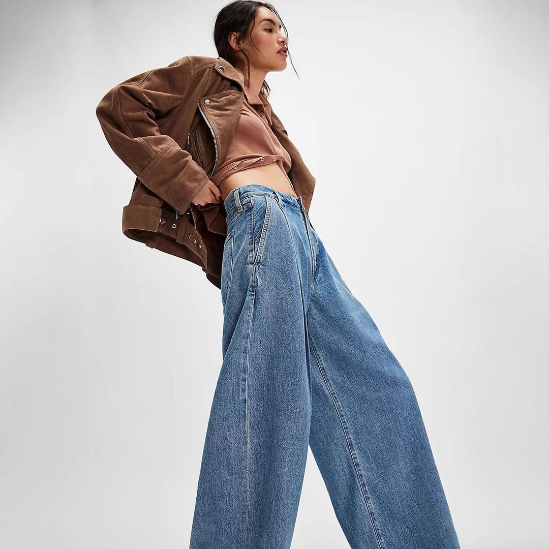 Women's high-waisted denim palazzo pants with prominent pleats and extra wide leg Mune Fashion