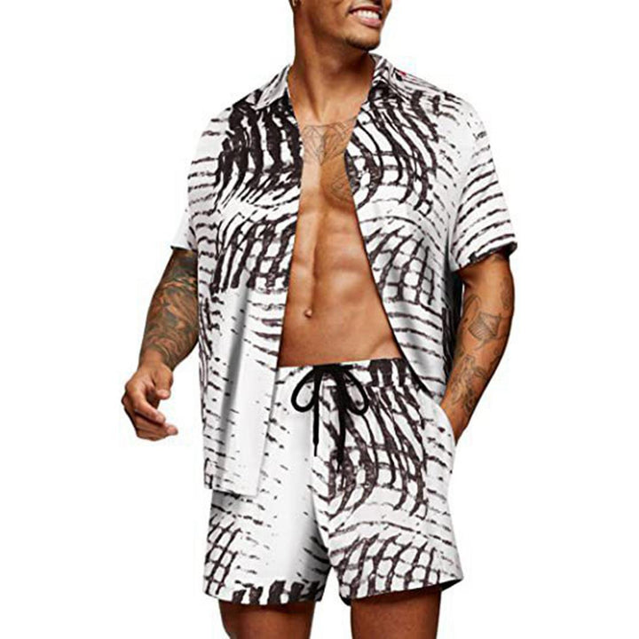 Men's tropical short sleeve shirt and swim shorts set with lapel collar, drawstring, and practical side pockets Mune Fashion
