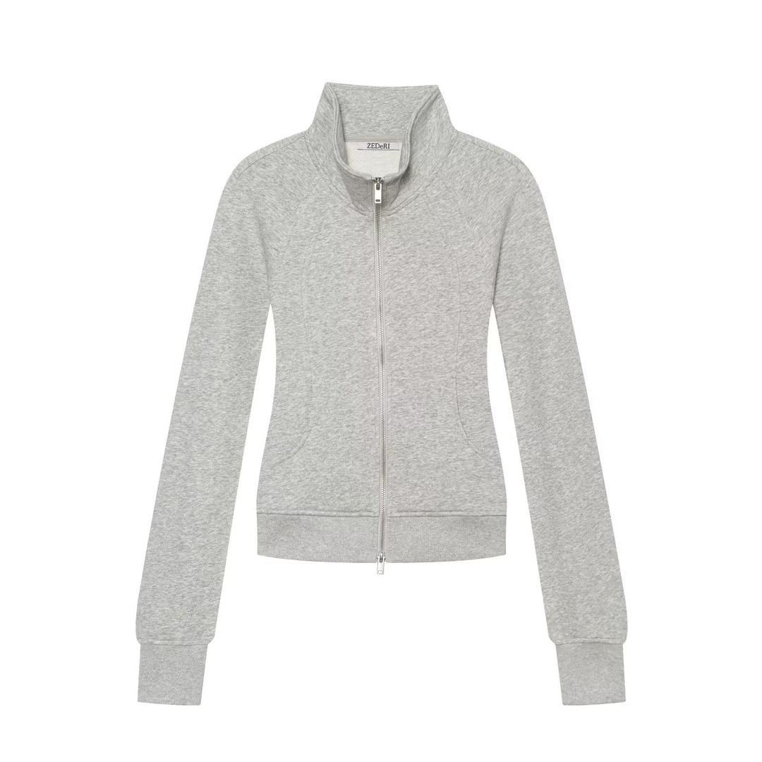 Women's Slim-Fit Sweat Jacket with Stand Collar and Two-Way Zipper Mune Fashion