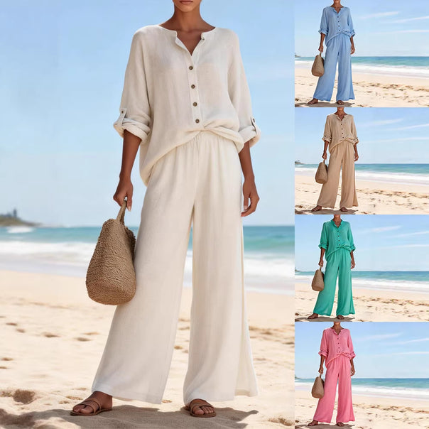 Women's Airy Linen Blouse and Wide Pants Mune Fashion