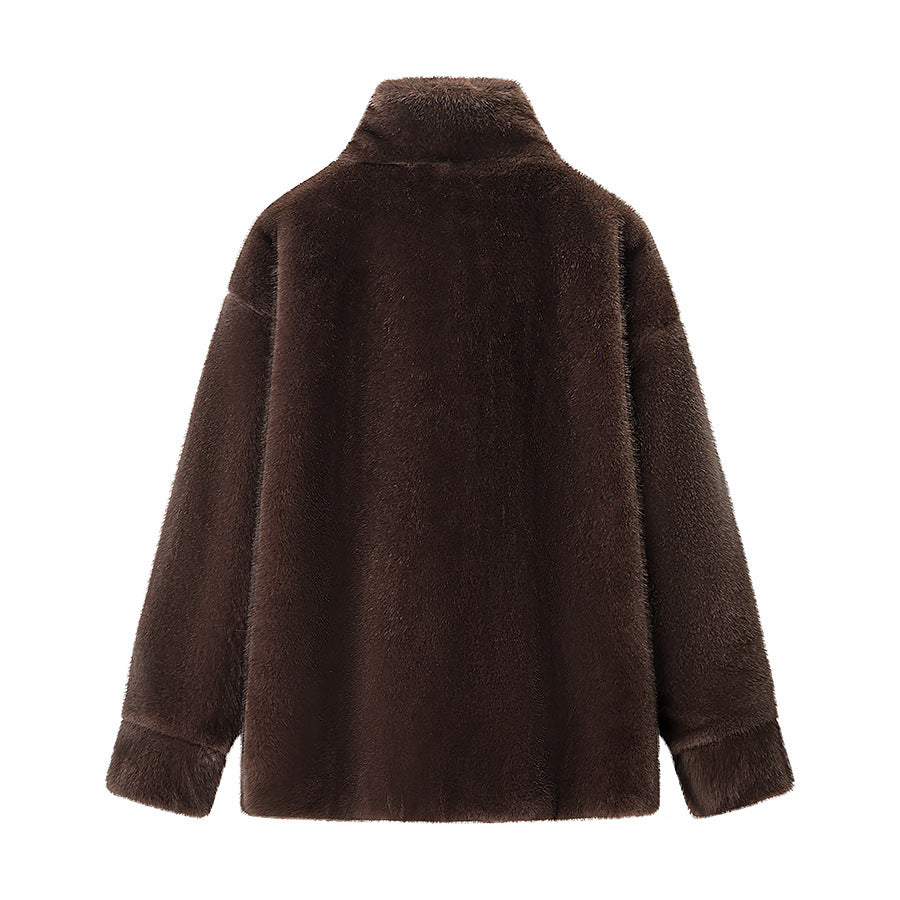 Women's Oversize Teddy-Fleece Pullover with Half Zipper and Large Flap Pocket Mune Fashion