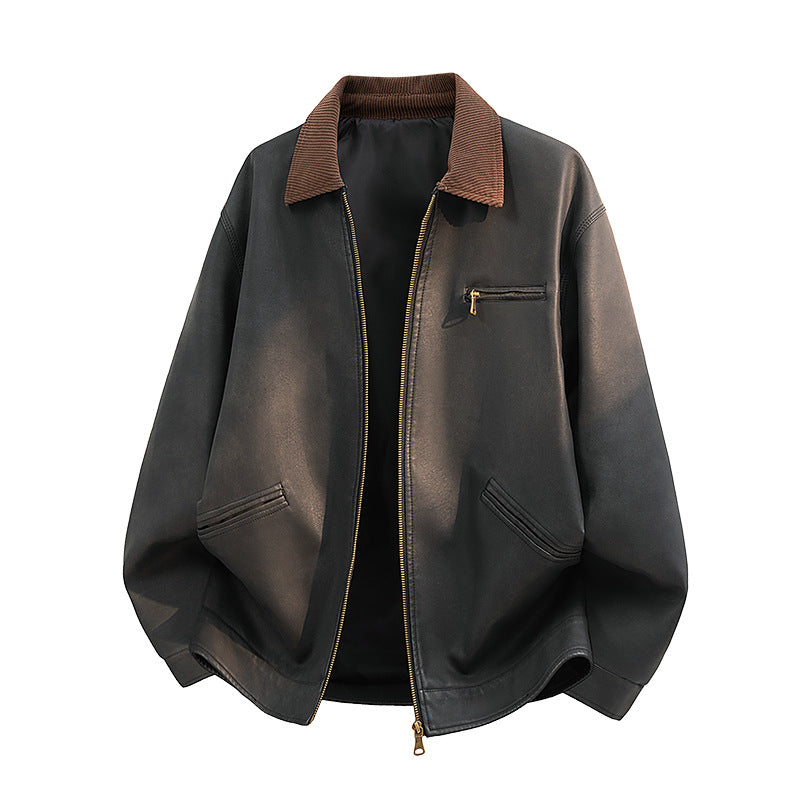 Men's Casual Faux Leather Jacket with Wide Collar Mune Fashion