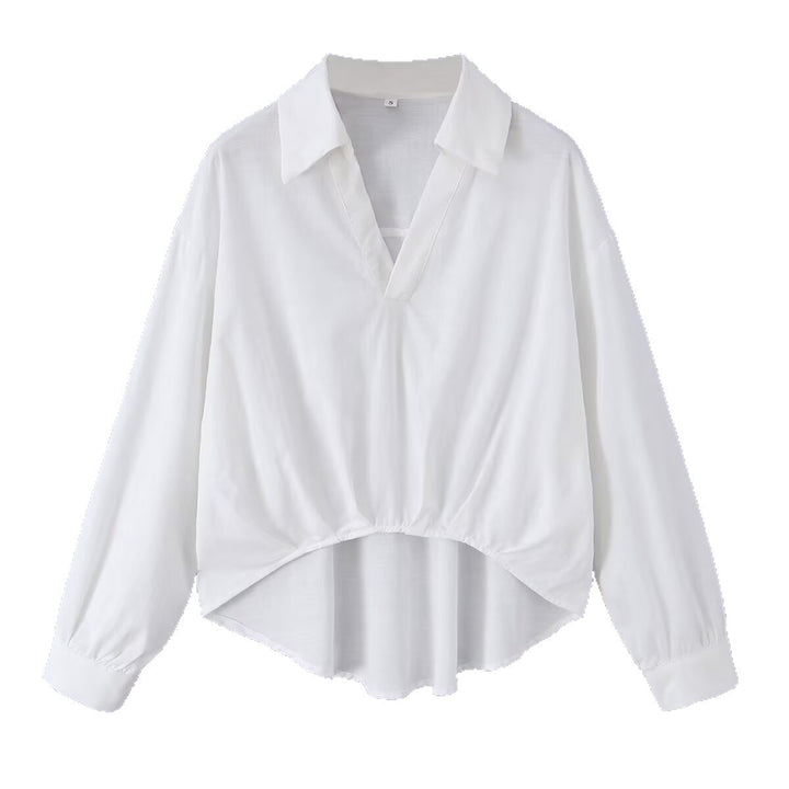 Women's loose blouse with V-neck, shirt collar, and gathered high-low hem Mune Fashion