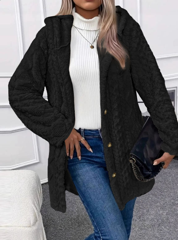Women’s Oversized Knitted Coat with Hood, Jacquard Structure and Button Placket Mune Fashion
