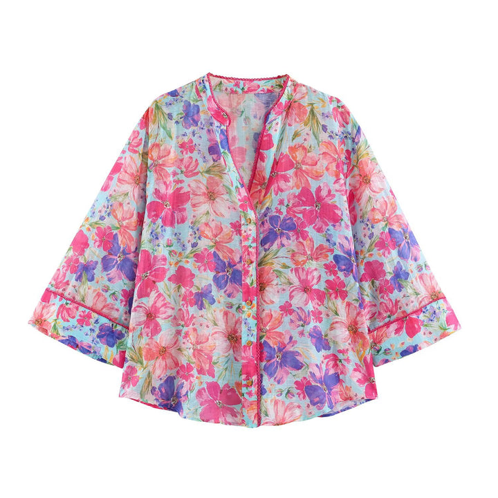 Women's Lightweight Blouse in Watercolor Floral Pattern with Stand Collar and Three-Quarter Sleeves Mune Fashion