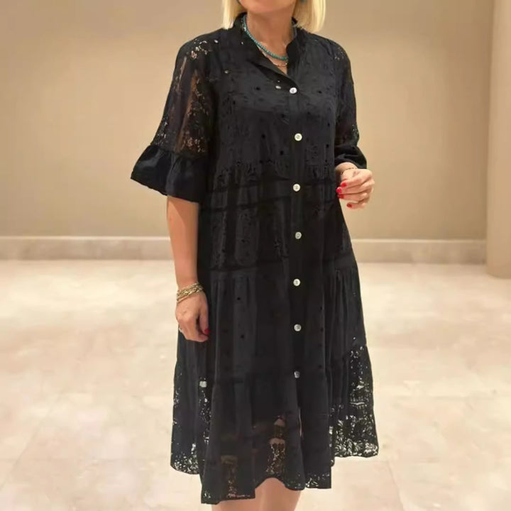 Women's shirt blouse midi dress with lace inserts, tiered skirt and full button placket Mune Fashion