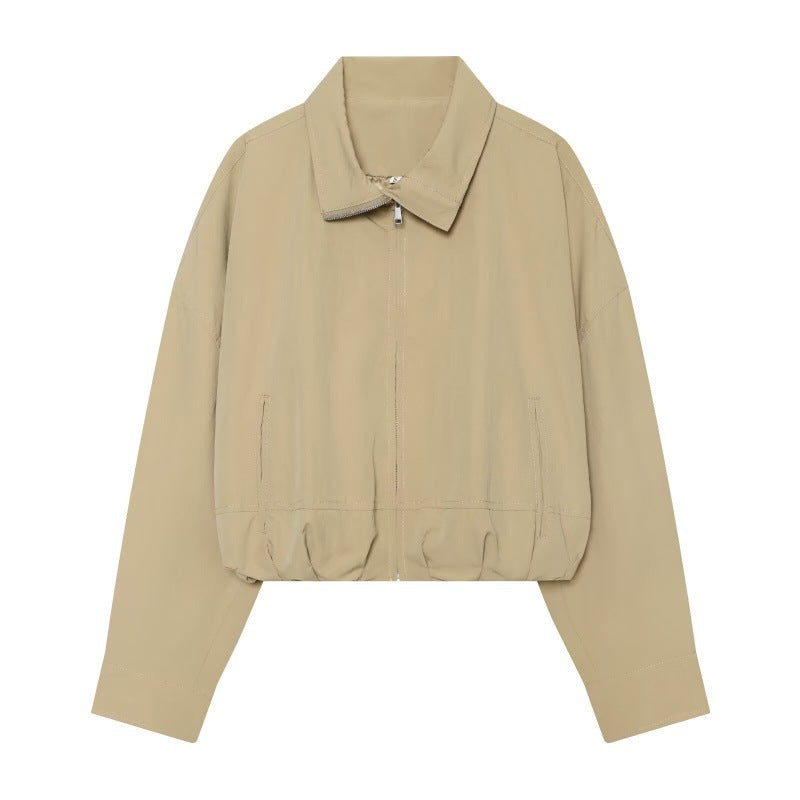 Women Cropped Boxy Jacket with Zipper, Stand-Up Collar and Elastic Hem Mune Fashion