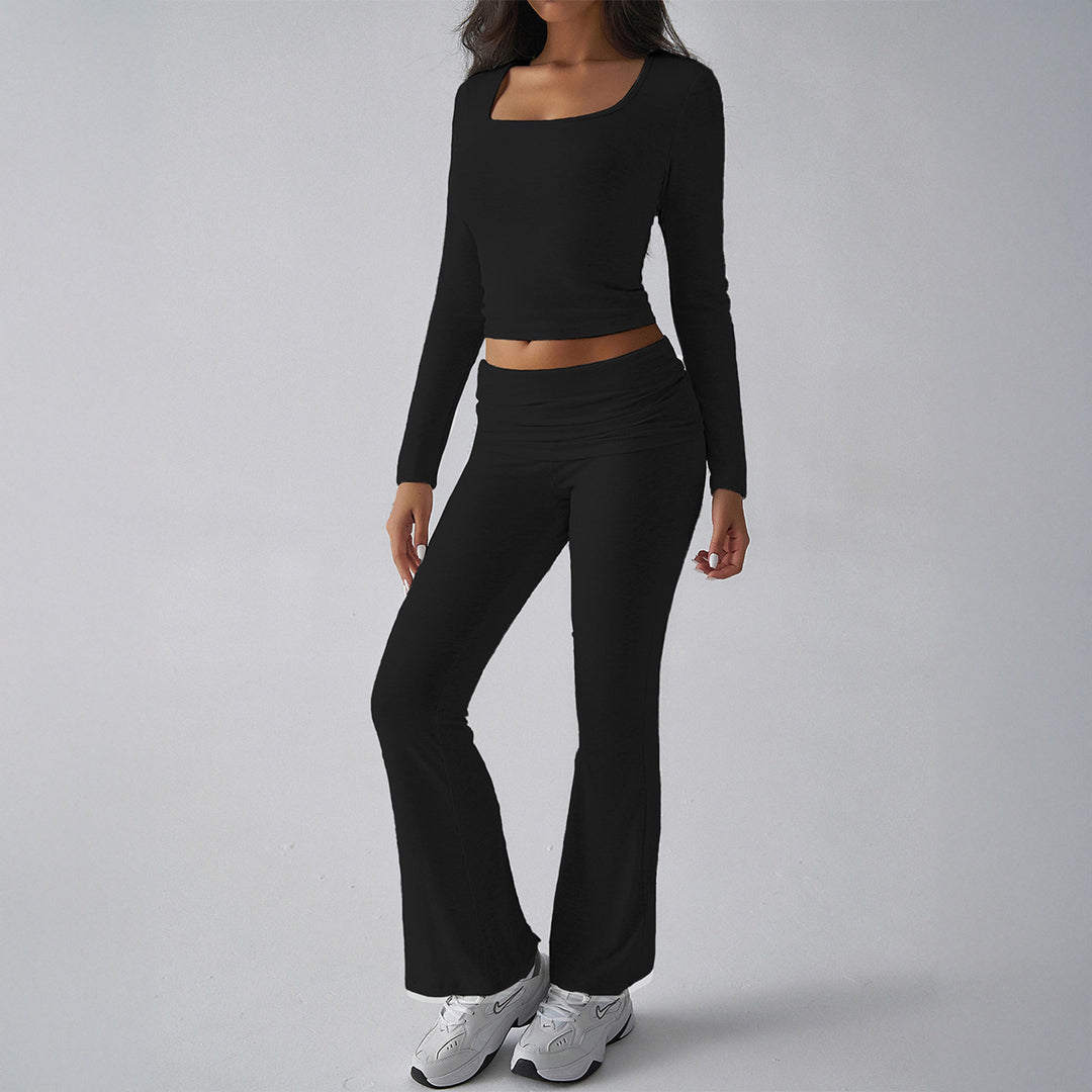 Women's figure-hugging cropped set with long-sleeve top with square neckline and flared high-waist yoga pants Mune Fashion