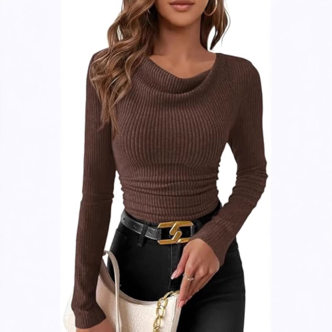 Women's fitted fine-rib long sleeve with asymmetric waterfall collar Drune