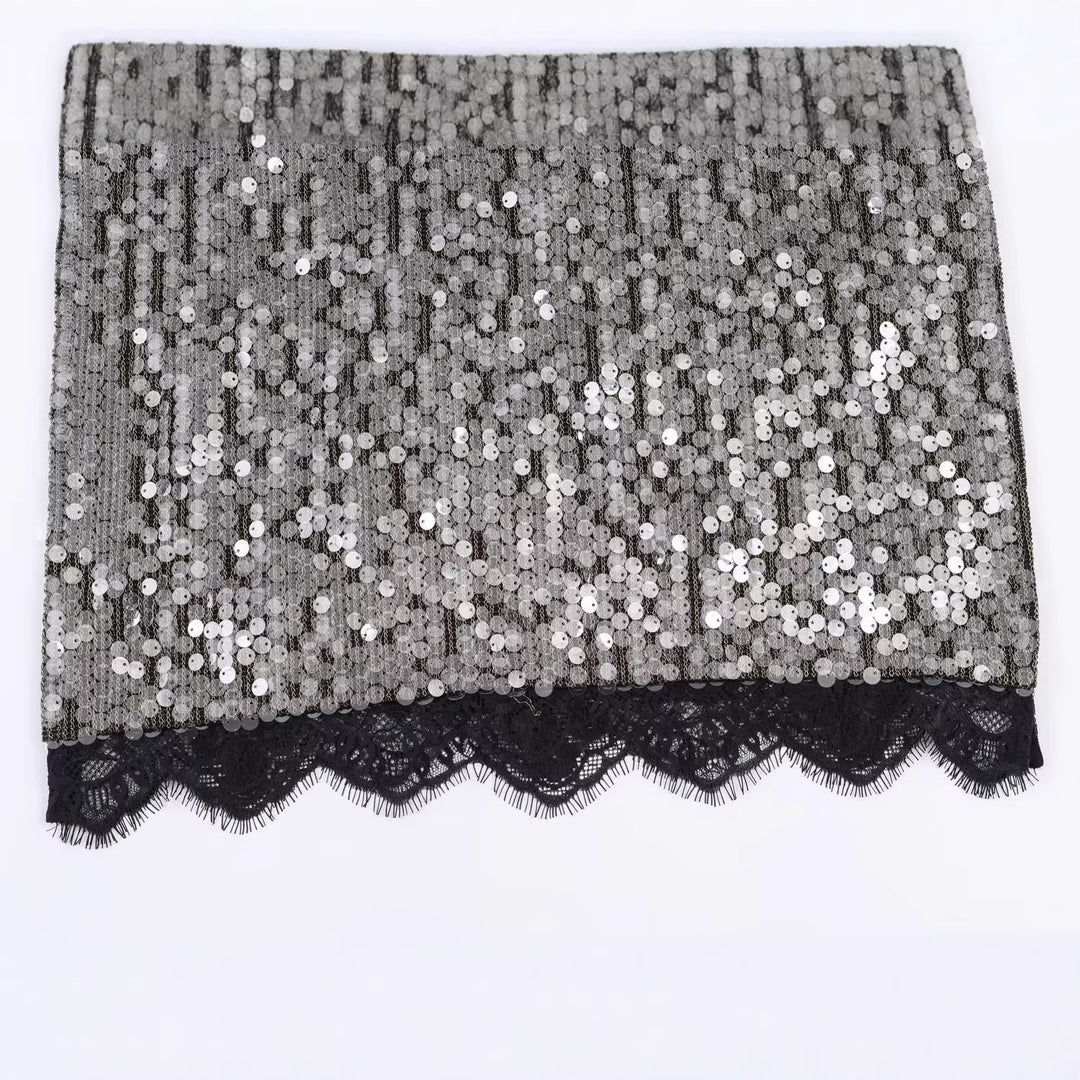 Women's sequined pencil skirt with elastic waistband and lace trim Mune Fashion
