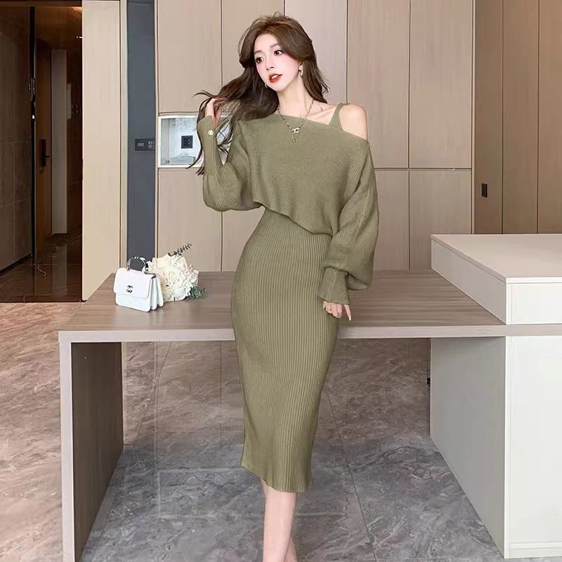 Women's Elegant Knit Dress with V-Neck and Matching Cardigan Mune Fashion