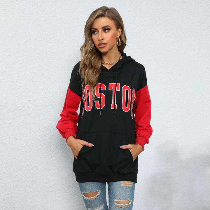 Women's Oversize Hoodie with Blocking Sleeves and Boston Front Print Mune Fashion
