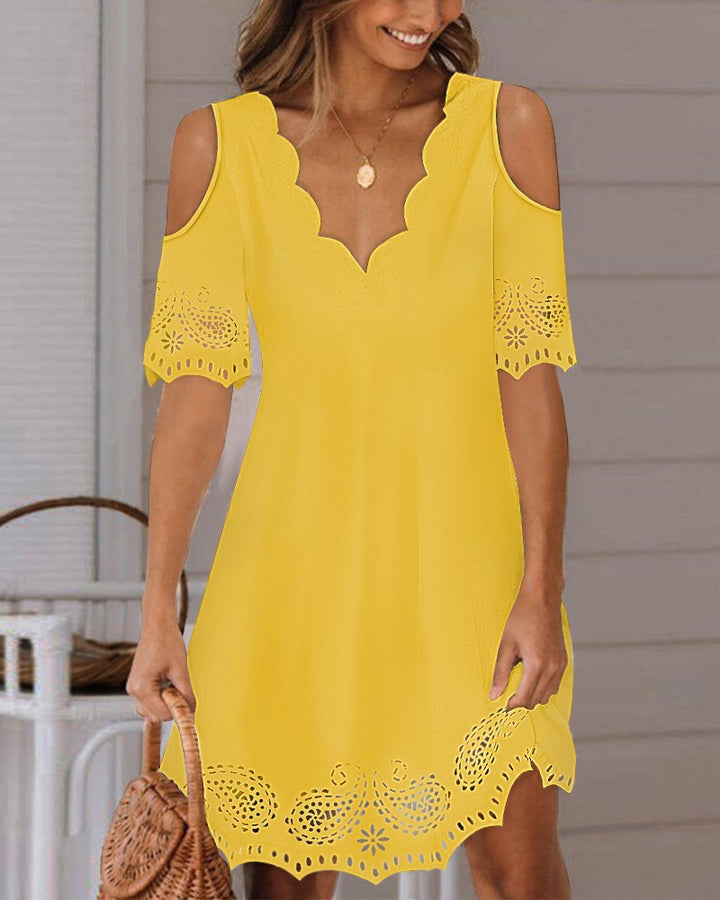 Ladies light A-line summer dress with shoulder openings, curved V-neckline and laser-cut lace trim Mune Fashion
