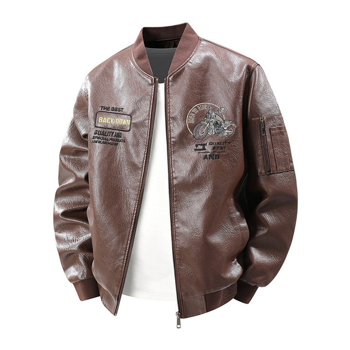 Men's Fashion Faux Leather Bomber Jacket with Detailed Embroidery Mune Fashion