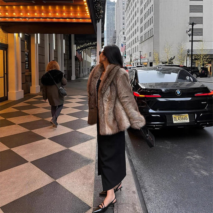 Women Short Fur Coat in Boxy Cut with Striped Faux Fur Look Mune Fashion