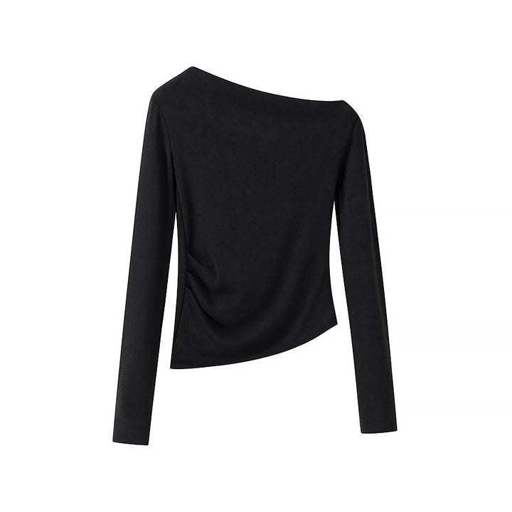 Women's Asymmetrical One-Shoulder Long Sleeve Shirt with Side Gathering Mune Fashion