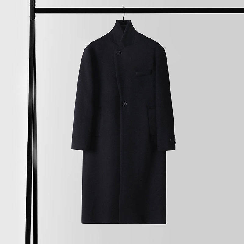 Men's Elegant Long Single-Breasted Wool Coat with Narrow Lapels and Tailored Silhouette Mune Fashion