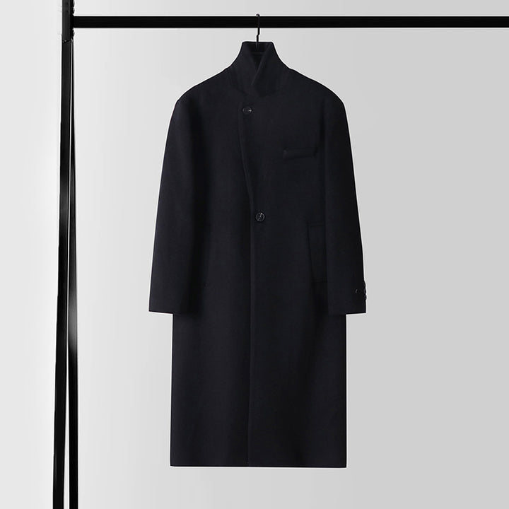 Men's Elegant Long Single-Breasted Wool Coat with Narrow Lapels and Tailored Silhouette Mune Fashion
