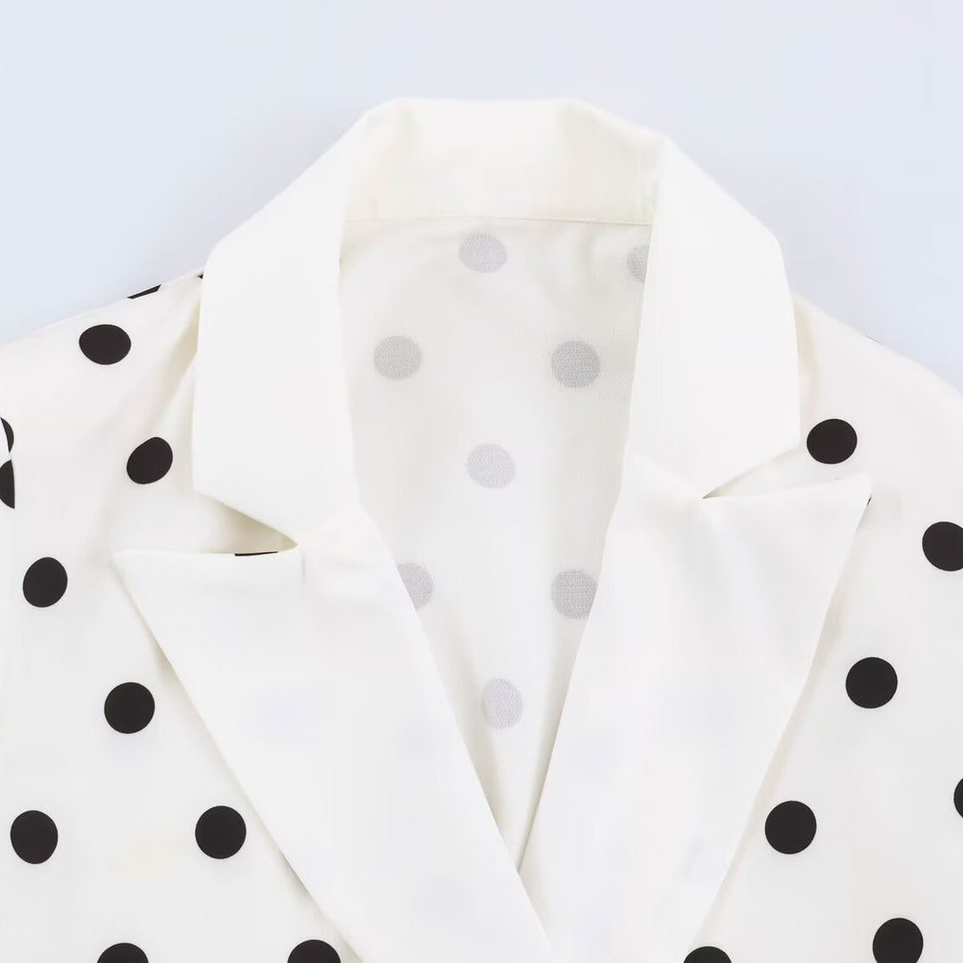 Women Mid-length Coat with Polka Dot Print, Double-breasted and Shawl Collar Mune Fashion